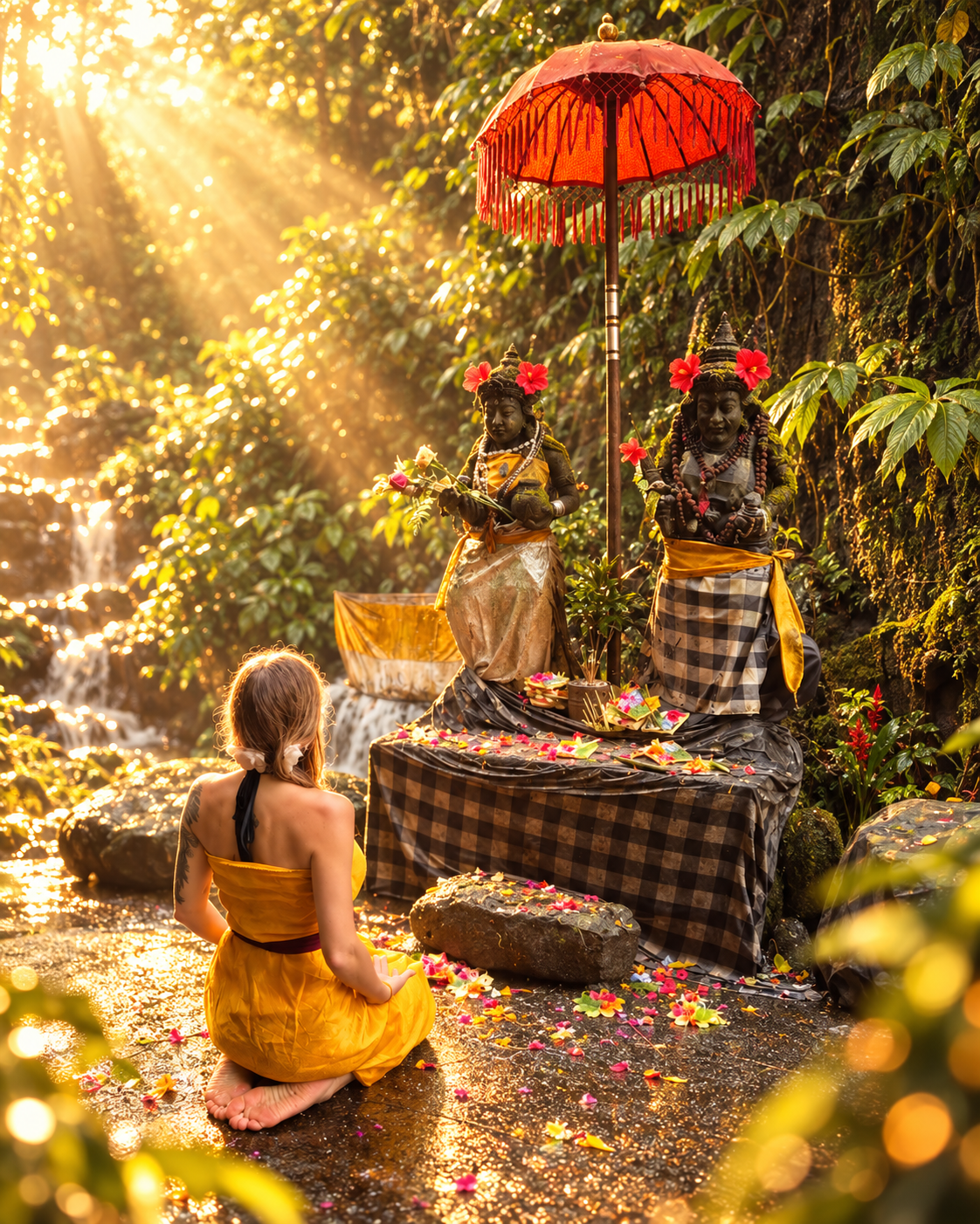 A woman in a golden sarong kneeling in prayer before Balinese shrine statues beside a jungle waterfall